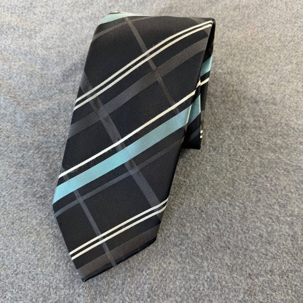 Donald J. Trump Necktie Mens Black Blue Plaid Striped Woven Classic Tie Silk